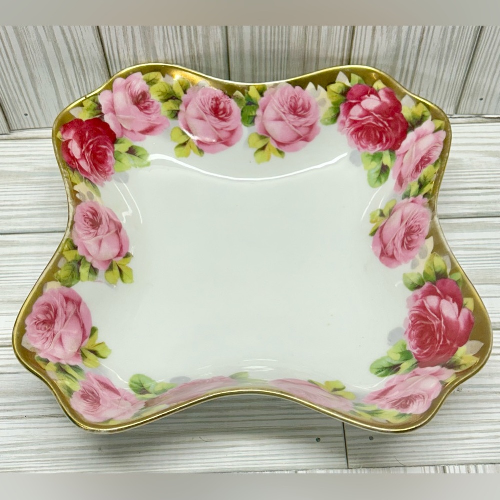 Vintage Beyer & Bock Art Deco Ceramic Square Dish Bowl Roses White Pink Rare 8.5